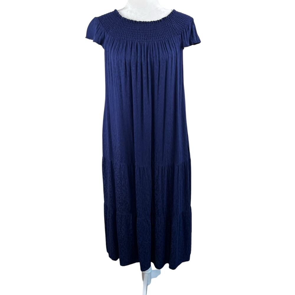 Tommy Bahama Navy Blue Leopard Smocked Short Sleeve Midi Shift Dress XS